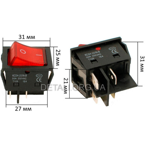 Тумблер 2 положення 4 контакту 25*31 mm 30A