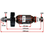 Якорь болгарка Bosch PWS 750-115 оригинал с шестерней (158*35 посадка 8мм) 2609002408