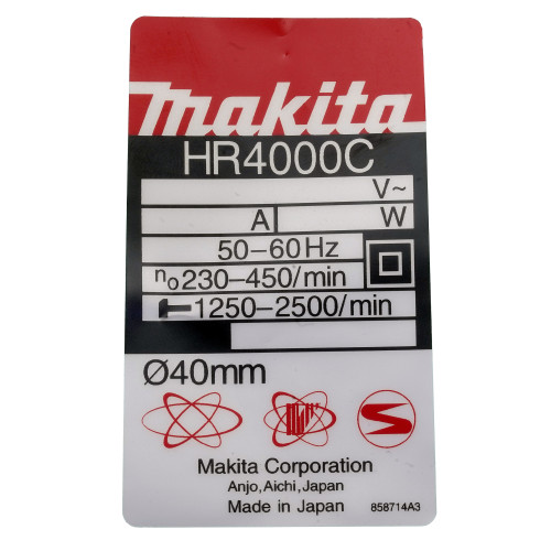 Фірмова табличка з основними характеристиками перфоратора Makita HR4000С