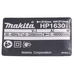 Фирменная табличка с основными характеристиками ударной дрели Makita HP1630 оригинал 865364-7