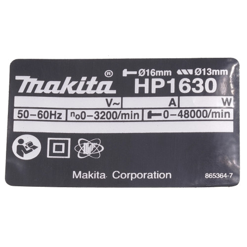 Фирменная табличка с основными характеристиками ударной дрели Makita HP1630 оригинал 865364-7