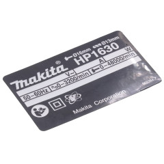 Фірмова табличка з основними характеристиками ударного дриля Makita HP1630 оригінал 865364-7 2