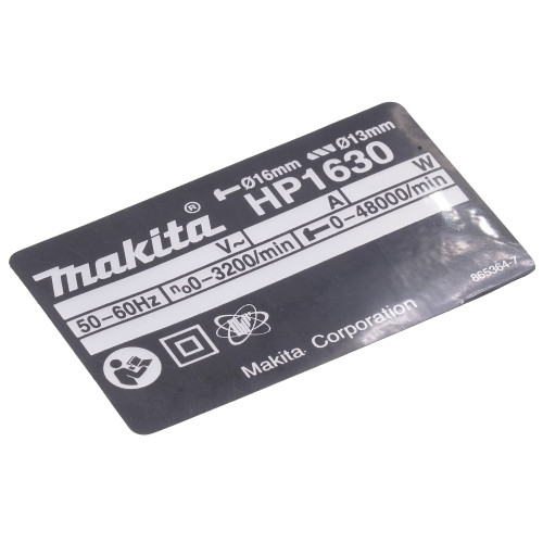 Фірмова табличка з основними характеристиками ударного дриля Makita HP1630 оригінал 865364-7
