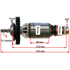 Якір (ротор)  перфоратор DeWalt D25103K, DWEN102K оригінал N081737( 151*35 5-з право)