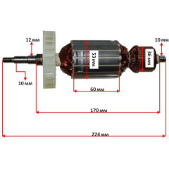 Якір (ротор)  болгарка Hitachi 180 New G18SE2( 224*53 шпонка 10мм)