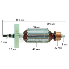Якорь болгарка DWT 180 SL/WS150T/D-180T/TV/D/DV (186*43 карась 9мм)