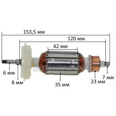 Якорь болгарка Bosch 6-100 / Зенит ЗУШ 125/800 (153,5*35 посадка 6мм) аналог 1604010667