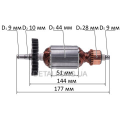 Якір болгарки Wintech 180/1900 (L177/D44 шпонка 9мм)