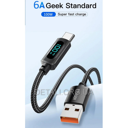 Кабель USB-A для Type-C Essager Display 100W "6A" Q.C. 3.0-4.0 швидка зарядка (ES-XCT-YD01) Black