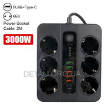Подовжувач 6 розеток 5USB 1Type-C 2м 3000Вт