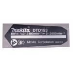 Фирменная табличка с основными характеристиками ударного шуруповерта Makita DTD153 оригинал 852K79-1